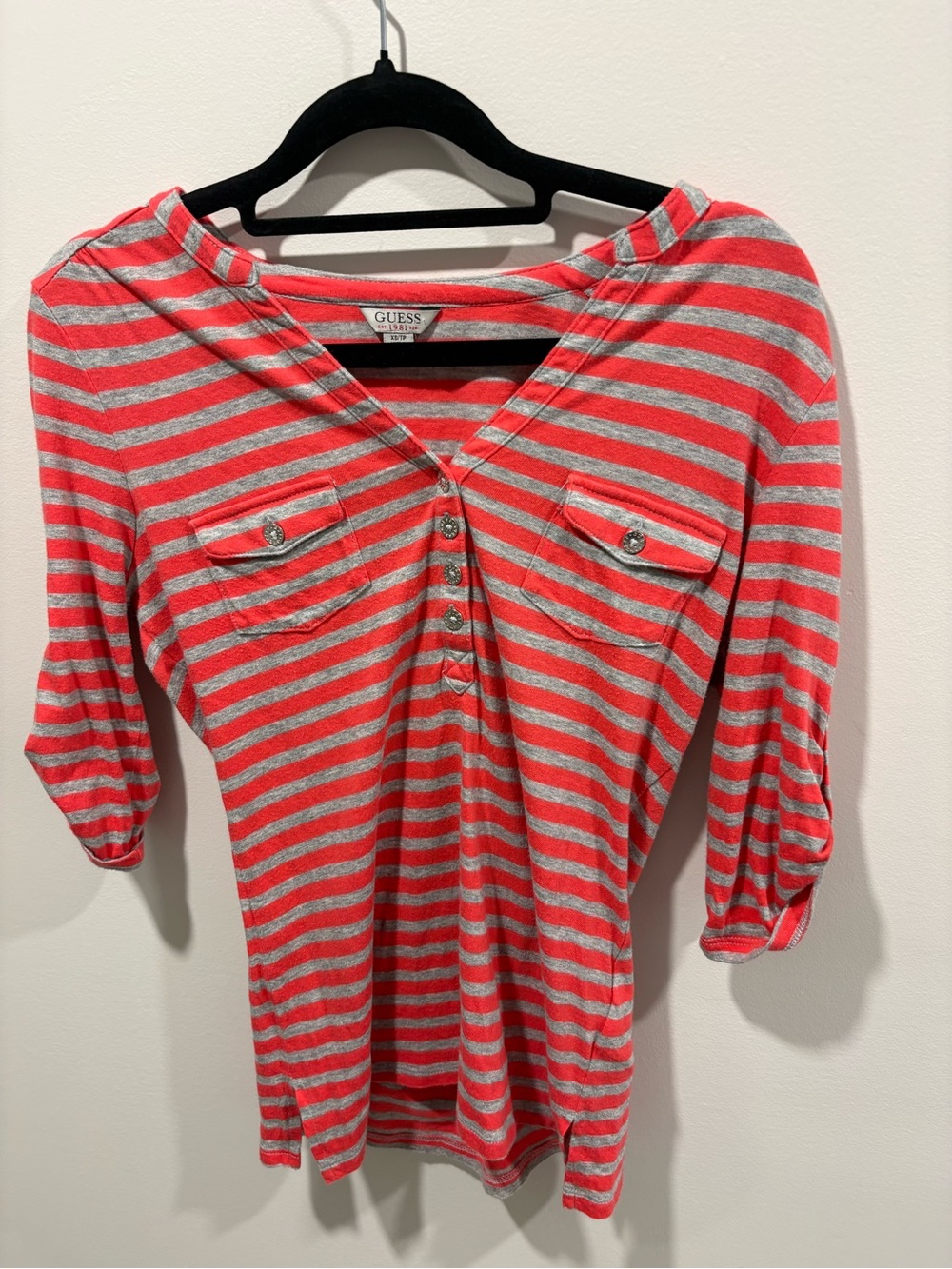 GUESS Coral and Gray Striped Long Sleeve Henley Top